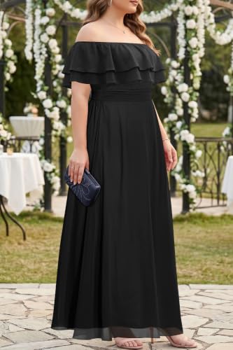 Image of Pinup Fashion Plus Size Formal Bridesmaid Wedding Guest Chiffon Long Dress | Chiffon, off-the-shoulder neckline, layered ruffles, ruched elastic waist, floor-length, evening party, wedding guest