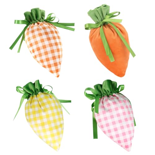 Bekecidi 4 bolsas de dulces de zanahoria de Pascua, bolsas de regalo de terciopelo, decoraciones de Pascua, bolsas de galletas de chocolate dulce, bolsas de regalo de fiesta con cordón para envolver