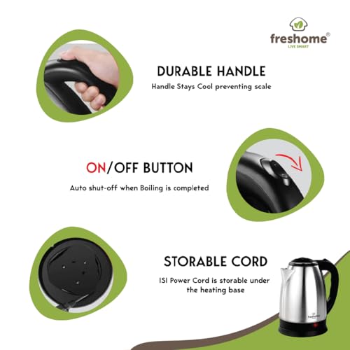 Image of FRESHOME Electric Kettle 1.5 Litre, 1500 Watts Stainless Steel Auto Shut Off Cordless Electric Water Boiler for Tea, Coffee, Milk, Hot Water, Instant Noodles (Silver & Black)