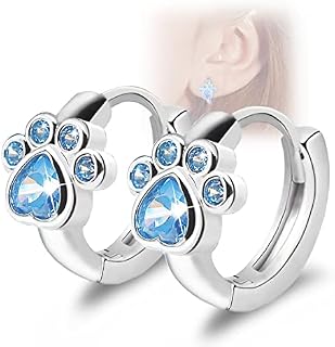Cubic Zirconia Small Hoop Earrings - CZ Cat Dog Paw Print Hoop Huggies Earrings Sterling Silver Hypoallergenic Cute Cartilage Earrings for Women Girls Teens