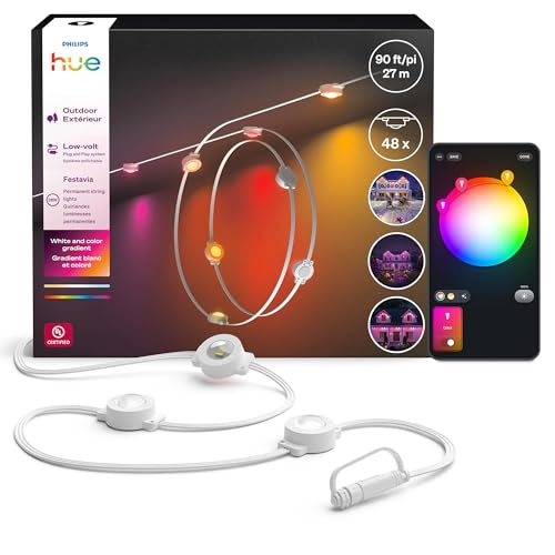 Philips Hue Festavia 90ft Permanent Outdoor String Lights, 48 Dimmable Lights, 55 Lumens Each, Weatherproof, Water-Resistant, White Wire, Color Ambience, Bridge Required