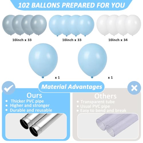 Image of 2 Sets Adjustable Balloon Column Stand Kit with Bases(Dusty Blue White) | Reusable Stainless Steel Poles, 102 Balloons with Pump, Floor Decor, Baby Shower Birthday Wedding Bridal shower Engagement