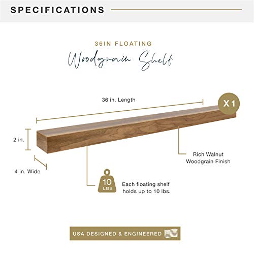 Image of MCS Floating Shelf, Room Decor Wooden Shelf, Walnut Woodgrain, 36 x 4 Inch