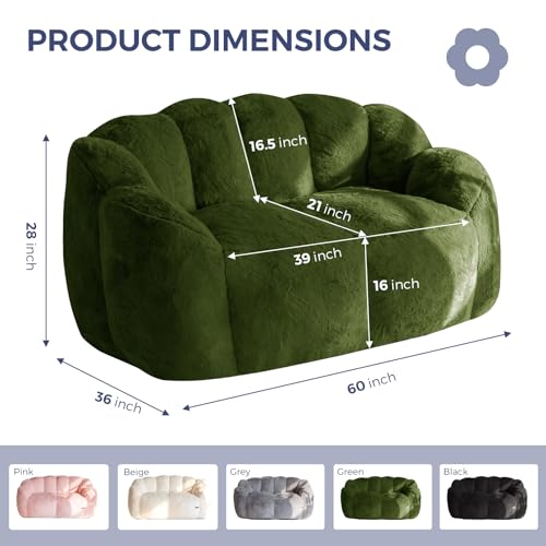 Image of MAXYOYO Bean Bag Chair for Adults, Loveseat Floral Shaped Bean Bag Sofa, Ultra Soft Love Seat Mini Sofa Couch, Faux Fur Reading Chair for Living Room Bedroom, Green