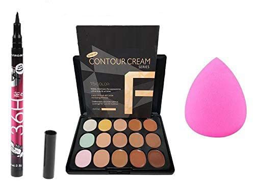 Lipcheek 15 Colors Contour Concealer Palette with Makeup Foundation Puff and 36H Waterproof Eyeliner Black - (Pack of 3)