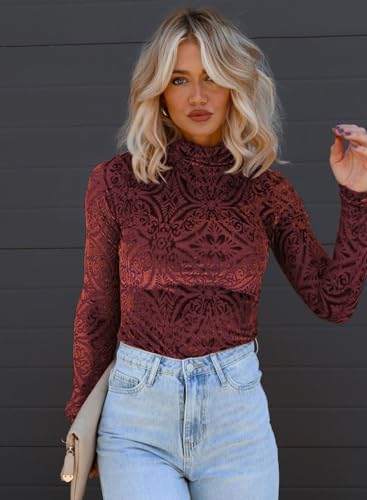miduo Womens Slim Fit Velvet Burnout Top Cowl Neck Long Sleeve See Through Shirt Blouses Tops2