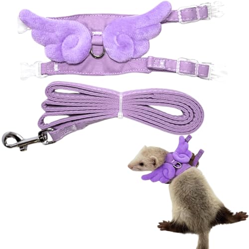 Image of Ferret Harness and Leash with Adjustable Buckle for Small Pets, Soft Breathable Walking Vest with Angel Wings for Guinea Pig, Bunny, Rabbit, Kitten, Chinchilla (Purple)