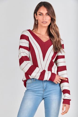 PRETTYGARDEN Sweaters for Women 2025 Long Sleeve Striped Knitted V Neck Pullover Jumper Tops Fall Outfits Fashion Clothing