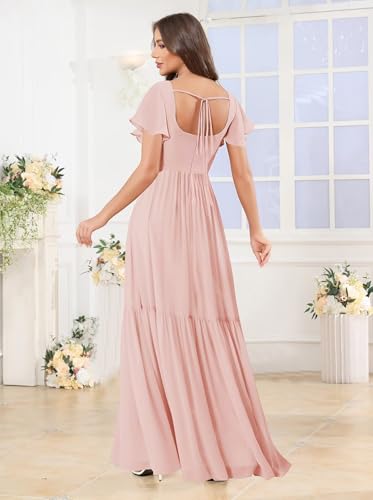 MAGGCIF Flutter Sleeve Bridesmaid Dresses with Pockets Chiffon Square Neck Long Formal Wedding Guest Dress for Women2