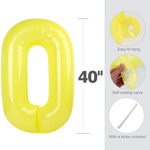 Image of 0 Balloon 40 inch Yellow Number Balloons for 10th Birthday Party Decoration | Saturated Color, Large 40 inch, With Inflation Straw & Hanging Holes, Great for Thanksgiving, Labor Day, Vintage Theme Party