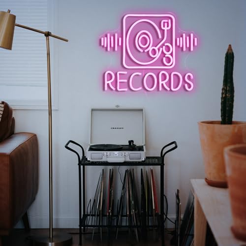 Records Neon Sign For Wall Decor Jukebox Music Light Up Sign Powered by USB Dimmable Pink Led Music Records Neon Light for Video Shop Karaoke Bar Party Bedroom Gifts(15.7"*12.2")