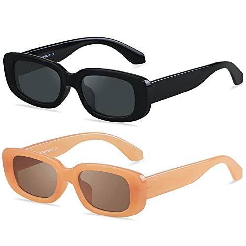 ANDWOOD Rectangle Sunglasses for Women Square Frames Trendy Retro Vintage 90s UV Protection Sun Glasses Small Face 2 Pack Nude