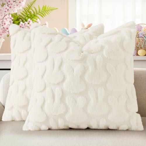 Image of decorUhome Easter Bunny Pillow Covers 20x20 Inch Set of 2, Soft Plush Faux Wool Jacquard Cream White Rabbit Cushion Covers, Farmhouse Neutral Spring Easter Holiday Decor for Couch Sofa Bed
