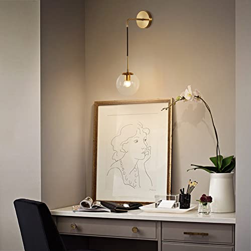 Image of KCO Modern Glass Globe Wall Sconce Set of Two Minimalist Gold Wall Light Fixture with Adjustable Cord Brass Round Glass Wall Mounted Reading Lamp (Clear-2PC)