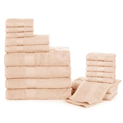 Ample Decor Badezimmer Handtuch Set 18-4 Handtuch, 4 Badetuch, 10 Waschlappen - Oeko Tex Zertifiziert 600GSM 100% Baumwolle - Hohe Saugfähigkeit Schnell Trocknend, ideal zum Verschenken - Beige