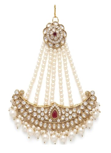 Image of Gold-Plated Head Passa Jewelry For Women Kundan Pearl Studded & Beaded Passa /Matha Patti Jhoomar Jewellery for Women & Girls