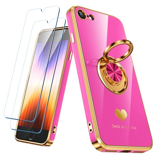 Nonional Compatible for iPhone SE/8/7 Case with 2 Pack Screen Protector, 360° Rotatable Ring Holder [Luxury Hearts Pattern] Plating Gold Edge Slim Soft Phone Case for iPhone SE/8/7 - Rose Pink