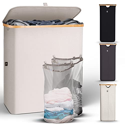 HENNEZ 141L Bamboo Beige Laundry Basket with Lid, Laundry Bin With Removable Bags, Double Laundry Basket With Handles