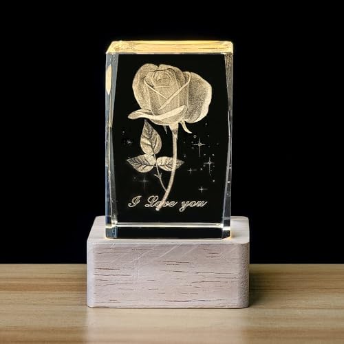 TINGMEIBESTLY 3D Crystal Cube Night Light with Wooden Base,Decorations Gifts for Men,Women,Kids,Boys,Girls,Teens (Rose)