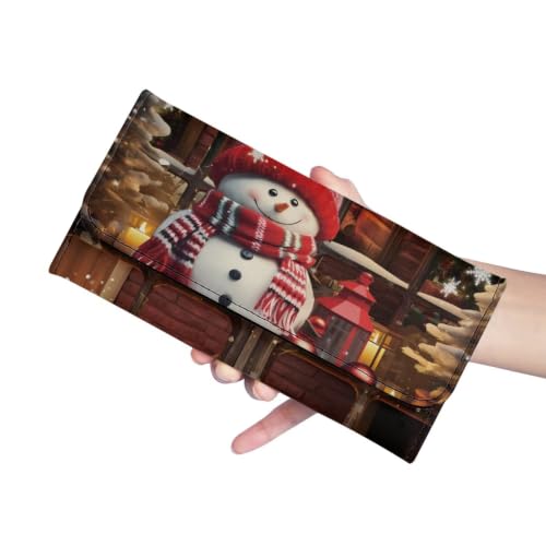 Image of AFPANQZ Wallets for Women Clutch Card Slots Phone Holder Trifold Purses | Christmas Snowman Print Large Capacity Card Key Cash Storage Bags Zipper Handbag