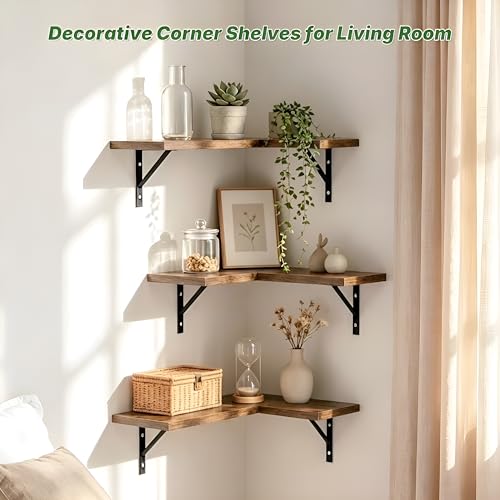 Image of OXMIC Corner Wall Floating Shelves, Book Shelf for wall, Corner Shelf for Living Room Decor, Natural Wood MDF, Rustic Brown, Set of 3, with Metal Brackets