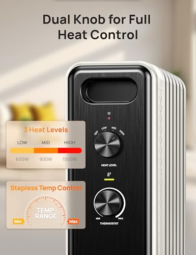 Image of DREO Oil Filled Radiator Heater, Electric Heaters for indoor use Large Room | Dual Knobs, Energy Saving, 1500W Quiet Oil Filled Radiator for Bedroom, Adjustable Thermostat, 8 Safety Protection, White