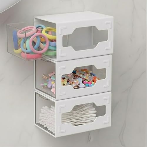 VIPTUVI Wall Cotton Swab Holder & Hair Tie Organizer, 3-Pack Mini Sliding Drawer Storage Box for Bobby Pins, Floss & Swabs - Adhesive No-Drill Bathroom Vanity Organizer, Small Bathroom Storage (White)