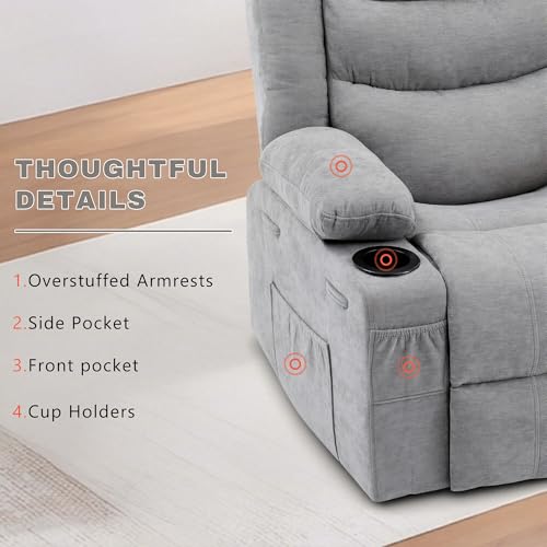 Image of Swivel Rocker Recliner Chair, Manual Recliner Single Sofa with Cup Holders and Side Pocket, Chenille Fabric, Upholstered Nursery Rocking Chair for Living Room, Bedroom, Grey