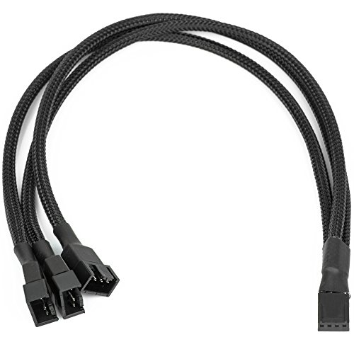 CRJ 3-Way PC Fan Splitter Cable - 12-inch (30cm), Black Sleeved - 3-Way Splitter Adapter Cable for 3-Pin & 4-Pin PWM Computer Fans