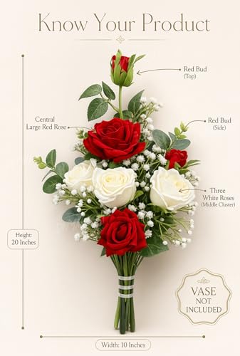 Image of Divyakosh Artificial Flowers for Home Decoration, Flora for Decor | Artificial Flowers for Vase (VASE NOT Included) Decorative Items for Living Room, Artificial Flowers Bunch 7 Roses (Red & White) |