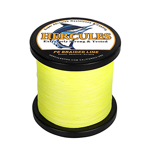 HERCULES Braided Fishing Line 12 Strands, 100-2000m 109-2196 Yards Braid Fish Line, 10lbs-420lbs Test PE Lines for Saltwater Freshwater - Fluorescent Yellow, 300lbs, 100m