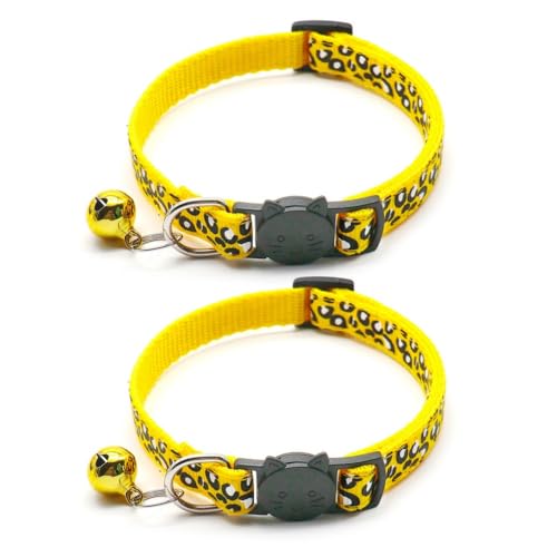Richeng Paquete de 2 collares reflectantes para gatos con patrón de leopardo de campana, ajustables, de 7.5 a 12.5 pulgadas, collares seguros para gatitos (amarillo)