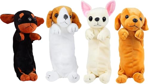 Ioffersuper Conjunto de 4 Estojos para Lápis Em Formato de Cachorro, Estojo de Pelúcia 3D, Estojo de Lápis Fofo E Macio com Zíper, Bolsa Multifuncional para Estudantes, Material Escolar Infantil