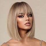 PHOENIXFLY Short Ombre Blonde Bob Wig With Bangs -12 Inch Natural Fashion Bob Wigs for Women, Cute Colored Synthetic Wig for Daily Party Halloween (Ombre Blonde)