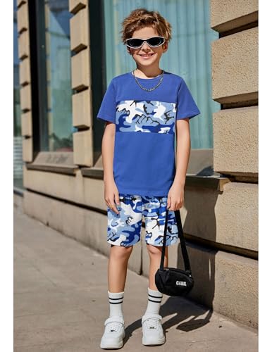 Image of Arshiner Boys' 2-Piece Cotton Outfit Color Block T-Shirt and Shorts Set Summer Camo Clothes for Kids 5-14 Years