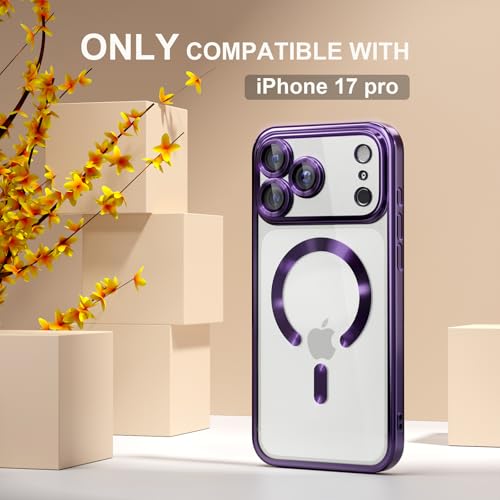 Image of Misea Magnetic for iPhone 17 Pro Case Compatible with MagSafe | [Never Yellowing] [Military Drop Protection] Full Camera Lens Protector Plating Soft Clear Phone Case for Women, Deep Purple