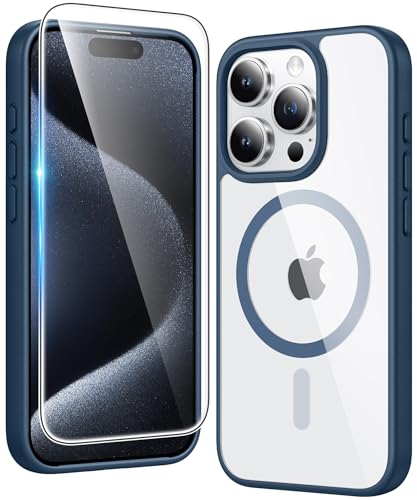 Image of FNTCASE for iPhone 15 Pro-Max Case: Clear Magnetic Phone Cases with Screen Protector Compatible with Magsafe Slim Anti Yellowing Rugged Shockproof Protective Transparent Cell Phone Cover (B-Blue)