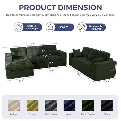 Image of MAXYOYO Modular Sectional Sofa with Ottoman and Loveseat, Cloud Boneless Couch with Layered Cushion, Flexible Module Combination Sofa for Living Room, No Assembly Required,Dark Green