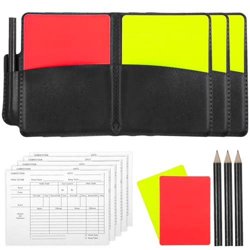 Juego de tarjetas de árbitro de fútbol, tarjetas rojas y amarillas con hojas de registro, lápiz, cartera de piel sintética, kit de árbitro de fútbol para partidos de fútbol, voleibol, rugby, béisbol