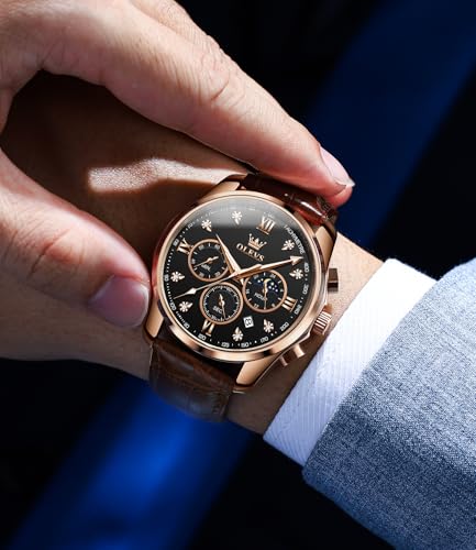 Image of OLEVS Watches for Men Original Analog Quartz Stylish Brown Leather Luxury Business Chronograph Waterproof Date Mens Wrist Watch