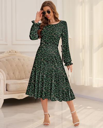 Image of CYiNu Women's Midi Dresses Long Sleeve Crew Neck Flowy Casual Floral Boho Tiered Chiffon Smocked Elegant Dress