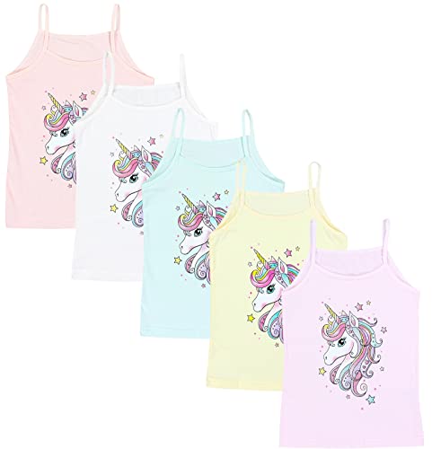 TupTam Mädchen Unterhemd Spaghettiträger Top – Atmungsaktive Unterhemden Mädchen im 5er Pack, Farbe: Einhorn Rosa Grün Gelb, Größe: 122-128