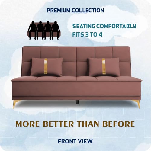 Image of Adorn India Premium New Alyssum 3 Seater Sofa Cum Bed 4X6 Velvet Suede with 2 Cushions (Color Pink) and Suitable for All Indoor, with 3 Years Warranty