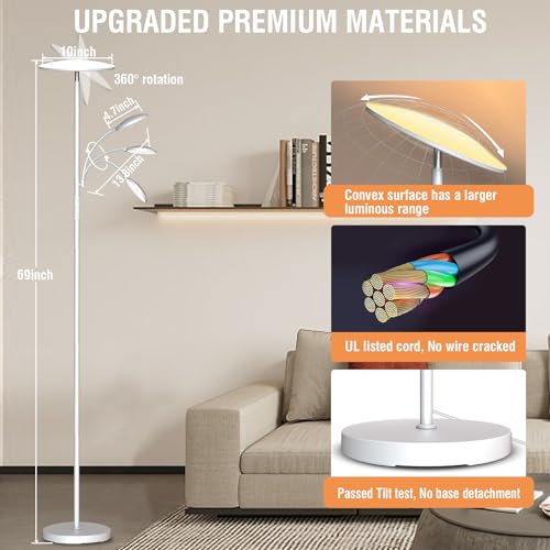 marctronic Weiß LED Stehlampe Deckenfluter Dimmbar, 42W 4200LM Superhelle Wohnzimmer Stehlampe mit Leselampe, 175CM Hohe Moderne Standleuchte mit Fernbedienung & Touch Steuerung für Schlafzimmer BüRo