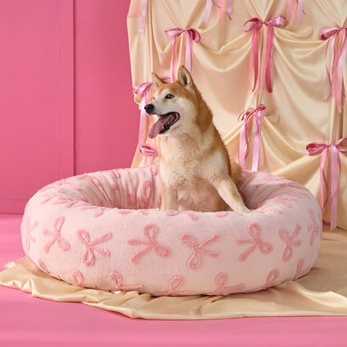 LE SURE Shown on TV Donut Medium Dog Bed - Round Cat Beds for Indoor Calming Bed Gift for Pets, Home Decor Cute Modern Beds with Jacquard Shaggy Plush & Anti Slip Bottom, 30 Inch, Pink Taffy