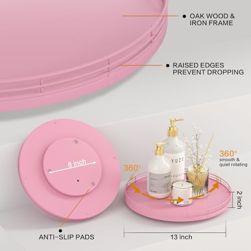 Image of 13 inch Oak Wood Lazy Susan Organizer, Lazy Susan for Cabinet Dining Table Pantry Wood Turntable Organizer Tray for Coffee Table Kitchen Countertop Spinning Spice Can Organization and Storage Round Pink