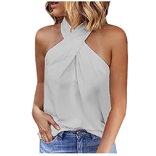 Chalecos con cuello halter para mujer, camiseta sin mangas con hombros descubiertos para verano, a la moda, casual, con parte delantera cruzada, camisola para mujer, blusa para salir, camisas de venta