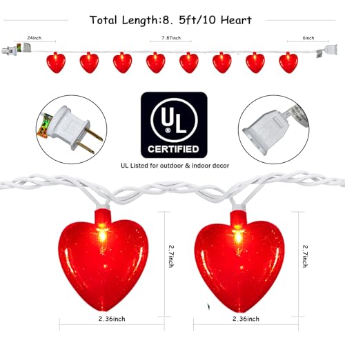 Abeja 8.5Ft Red Heart String Light, Valentine Day Decoration Lights with10 Red Heart, Connectable Fairy Heart String Lights for Valentine's Day Bedroom Wedding Anniversary Outdoor Indoor Decor