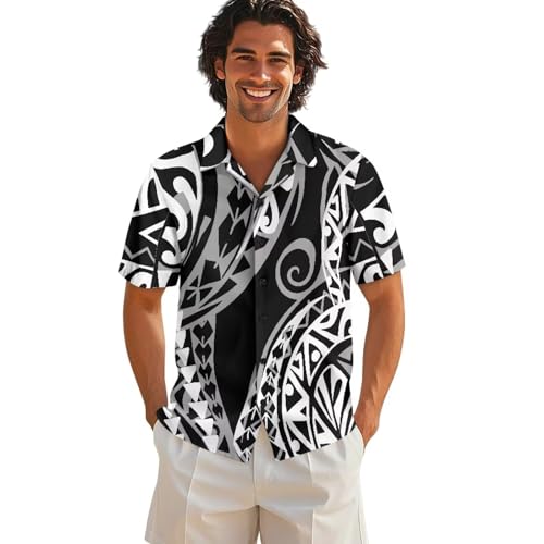 Button up Polynesian Tribal Samoan Tapa Hibiscus Prin tHawaiian Shirt for Men Plus Size Holiday Beach Men's Shirts