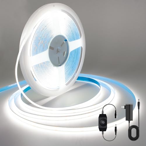 COB LED Strip, White LED Strip Lights 32.8ft, Daylight White 6000K LED Light Dimmable LED Strip, CRI92+, 8mm Width, 24V Flexible COB LED Tape Light for TV, Bedroom, Kitchen Cabinet, Closet.